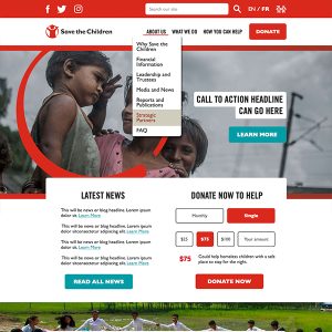 Screenshot of the homepage of the Save the Children Canada WordPress website, designed by Justine Pitcher