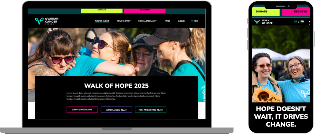 Desktop and mobile screenshots of the Ovarian Cancer Canada Walk for Hope website designs by Justine Pitcher